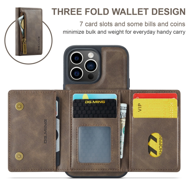 For iPhone 15 Pro DG.MING M5 Series Zip RFID Multi Card Detachable Leather Phone Case(Coffee) - iPhone 15 Pro Cases by DG.MING | Online Shopping UK | buy2fix