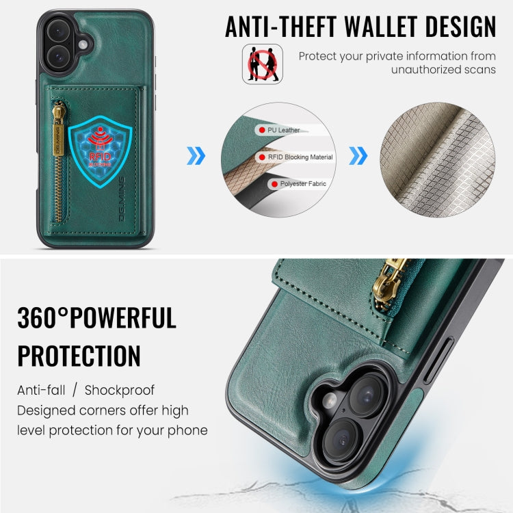 For iPhone 16 DG.MING M5 Series Zip RFID Multi Card Detachable Leather Phone Case(Green) - iPhone 16 Cases by DG.MING | Online Shopping UK | buy2fix