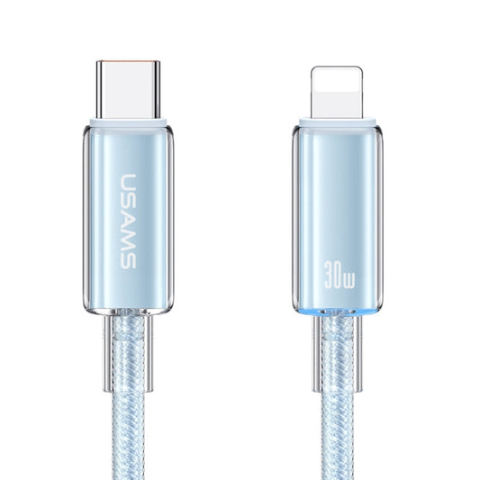 USAMS Type-C To 8 Pin Aluminum Alloy Clear LED 30W PD Fast Charge Data Cable, Length:1.2m(Blue) - 2 in 1 Cable by USAMS | Online Shopping UK | buy2fix