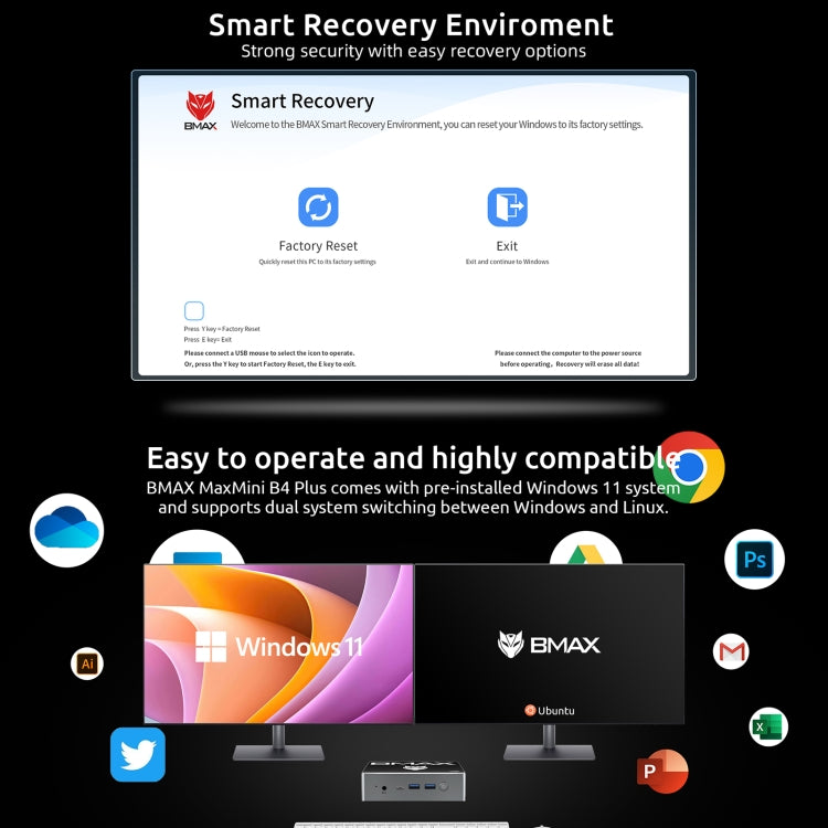 BMAX B4 Plus Windows 11 Mini PC, 16GB+512GB, Intel Alder Lake N100, Support Dual HDMI / RJ45(US Plug) - Windows Mini PCs by BMAX | Online Shopping UK | buy2fix