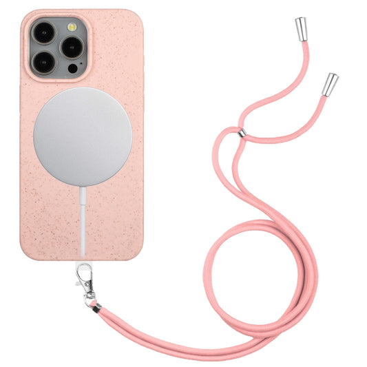 For iPhone 14 Pro Wheat MagSafe Magnetic Straw Material + TPU Phone Case with Lanyard(Pink) - iPhone 14 Pro Cases by buy2fix | Online Shopping UK | buy2fix