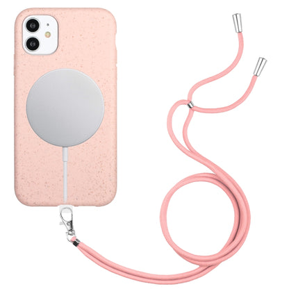 For iPhone 11 Wheat MagSafe Magnetic Straw Material + TPU Phone Case with Lanyard(Pink) - iPhone 11 Cases by buy2fix | Online Shopping UK | buy2fix