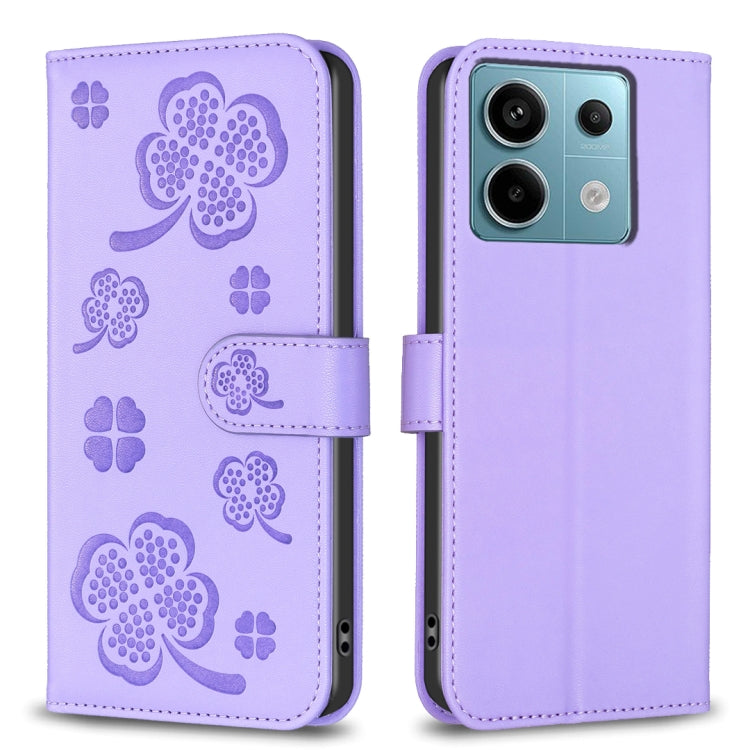 For Xiaomi Redmi Note 13 Pro 4G Global Four-leaf Embossed Leather Phone Case(Purple) - Note 13 Pro Cases by buy2fix | Online Shopping UK | buy2fix