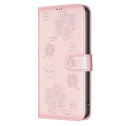 For iPhone 16 Pro Four-leaf Embossed Leather Phone Case(Pink) - iPhone 16 Pro Cases by buy2fix | Online Shopping UK | buy2fix