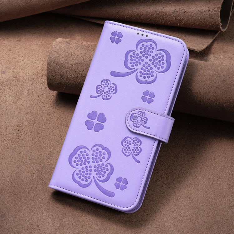 For iPhone 16 Plus Four-leaf Embossed Leather Phone Case(Purple) - iPhone 16 Plus Cases by buy2fix | Online Shopping UK | buy2fix