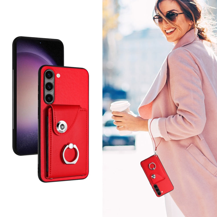 For Samsung Galaxy S23+ 5G Organ Card Bag Ring Holder PU Phone Case with Lanyard(Red) - Galaxy S23+ 5G Cases by buy2fix | Online Shopping UK | buy2fix