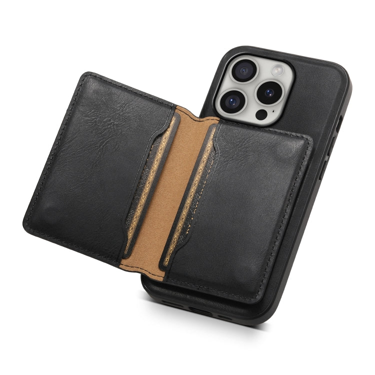 For iPhone 16 Pro Denior Cowhide Texture Leather MagSafe Detachable Wallet Phone Case(Black) - iPhone 16 Pro Cases by Denior | Online Shopping UK | buy2fix