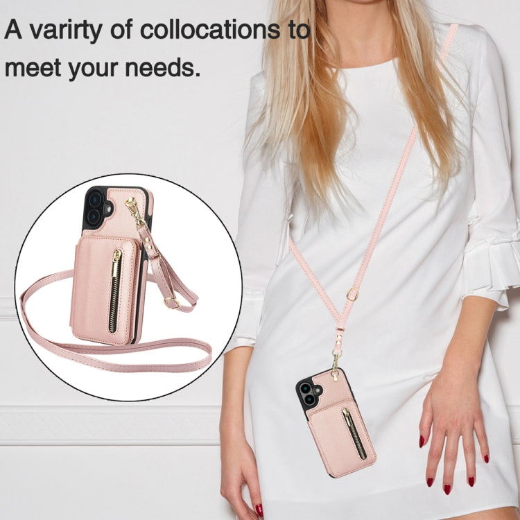 For iPhone 16 YM006 Skin Feel Zipper Card Bag Phone Case with Dual Lanyard(Rose Gold) - iPhone 16 Cases by buy2fix | Online Shopping UK | buy2fix