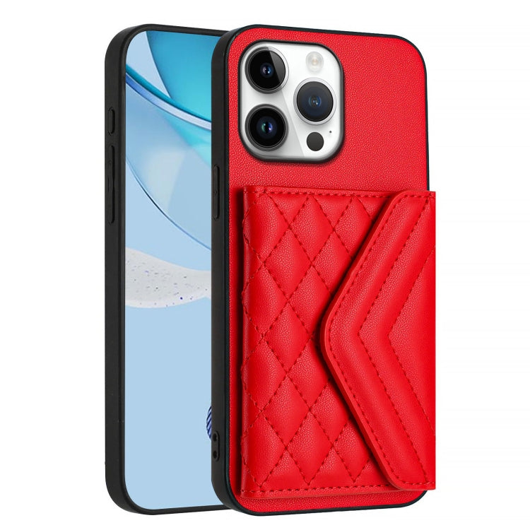 For iPhone 16 Pro Max Rhombic Texture Card Bag RFID Phone Case with Long Lanyard(Red) - iPhone 16 Pro Max Cases by buy2fix | Online Shopping UK | buy2fix