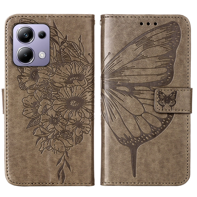 For Xiaomi Poco M6 Pro 4G Embossed Butterfly Leather Phone Case(Grey) - Xiaomi Cases by buy2fix | Online Shopping UK | buy2fix