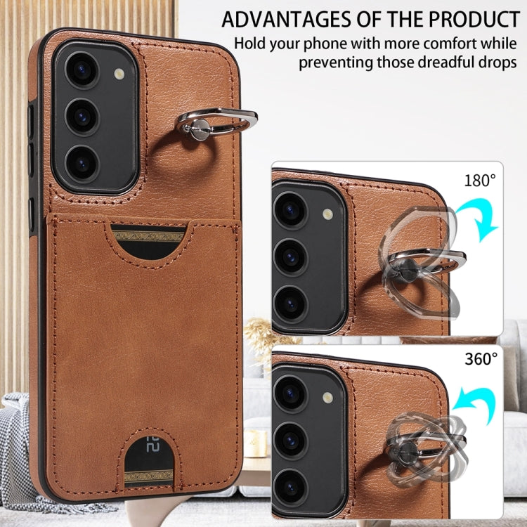 For Samsung Galaxy S23+ 5G Calf Texture Card Slot Ring Holder Phone Case(Brown) - Galaxy S23+ 5G Cases by buy2fix | Online Shopping UK | buy2fix