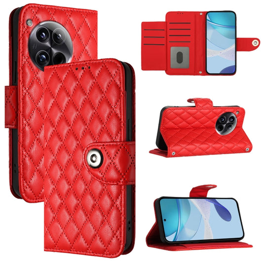 For OnePlus 12 5G Global Rhombic Texture Flip Leather Phone Case with Lanyard(Red) - OnePlus Cases by buy2fix | Online Shopping UK | buy2fix