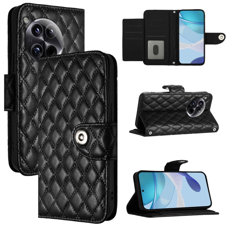 For OnePlus 12 5G Global Rhombic Texture Flip Leather Phone Case with Lanyard(Black) - OnePlus Cases by buy2fix | Online Shopping UK | buy2fix