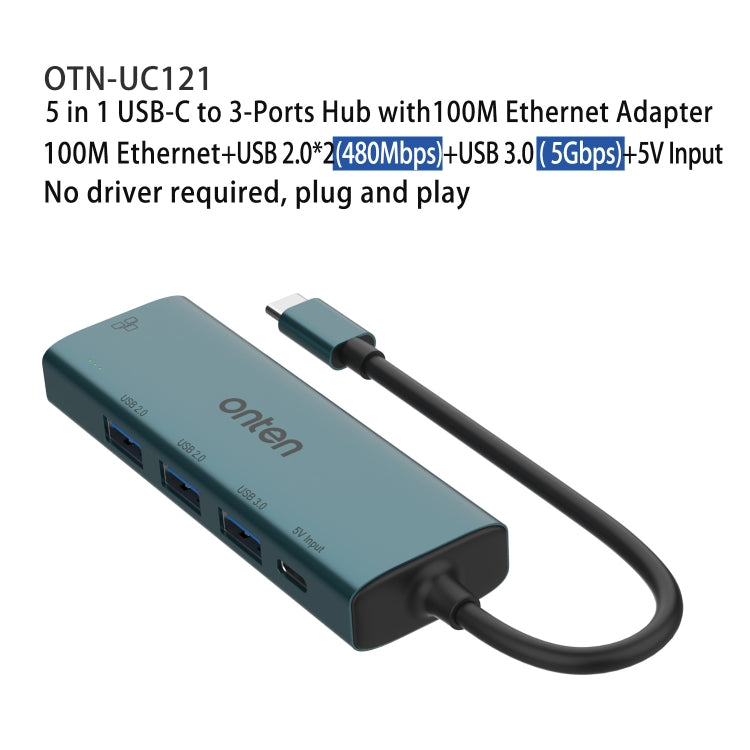 Onten UC121 5 in 1 USB-C / Type-C to USB 3.0 HUB with 5V Input & 100Mbps Network Card - USB HUB by Onten | Online Shopping UK | buy2fix