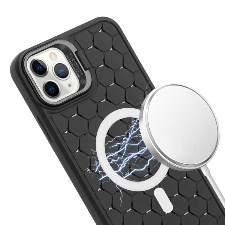 For iPhone 15 Pro Max Honeycomb Radiating Lens Holder Magsafe Phone Case with Lanyard(Black) - iPhone 15 Pro Max Cases by buy2fix | Online Shopping UK | buy2fix