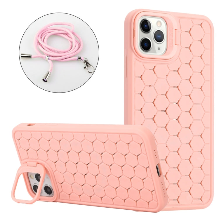 For iPhone 16 Pro Honeycomb Radiating Lens Holder Magsafe Phone Case with Lanyard(Pink) - iPhone 16 Pro Cases by buy2fix | Online Shopping UK | buy2fix