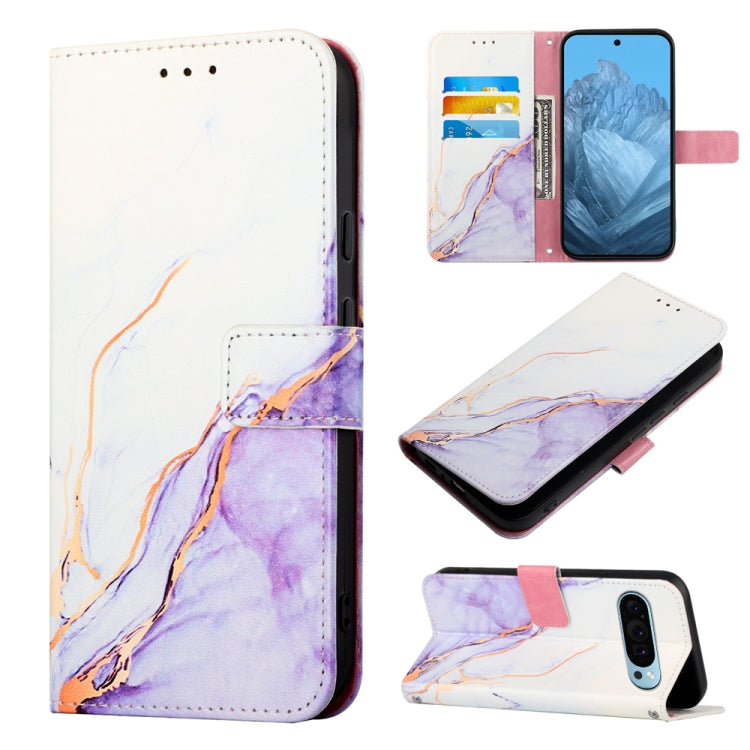 For Google Pixel 9 PT003 Marble Pattern Flip Leather Phone Case(White Purple) - Google Cases by buy2fix | Online Shopping UK | buy2fix