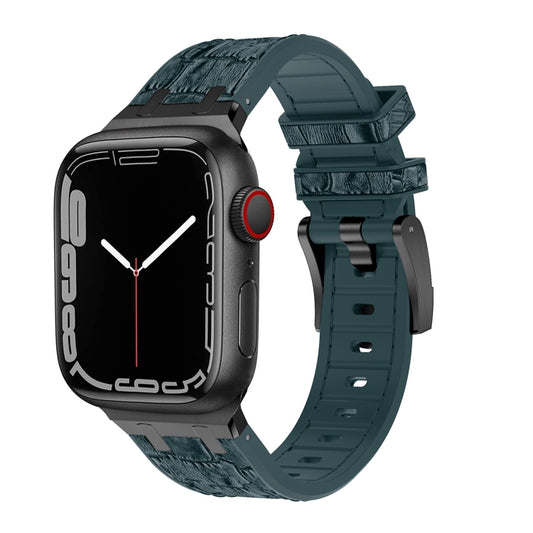 For Apple Watch Series 8 45mm Crocodile Texture Liquid Silicone Watch Band(Black Deep Green) - Watch Bands by buy2fix | Online Shopping UK | buy2fix