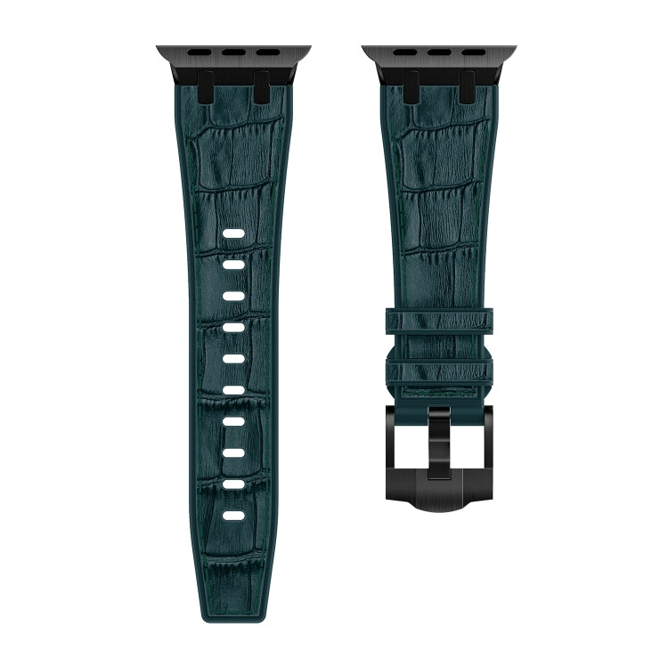 For Apple Watch Series 8 45mm Crocodile Texture Liquid Silicone Watch Band(Black Deep Green) - Watch Bands by buy2fix | Online Shopping UK | buy2fix