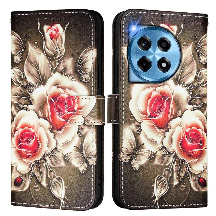 For OnePlus 12 5G Global Colored Drawing Pattern Plain Weave Leather Phone Case(Roses On Black) - OnePlus Cases by buy2fix | Online Shopping UK | buy2fix