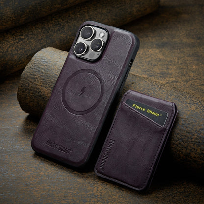 For iPhone 16 Pro Fierre Shann Oil Wax Cow Leather Magnetic Card Holder Phone Case(Purple) - iPhone 16 Pro Cases by FIERRE SHANN | Online Shopping UK | buy2fix