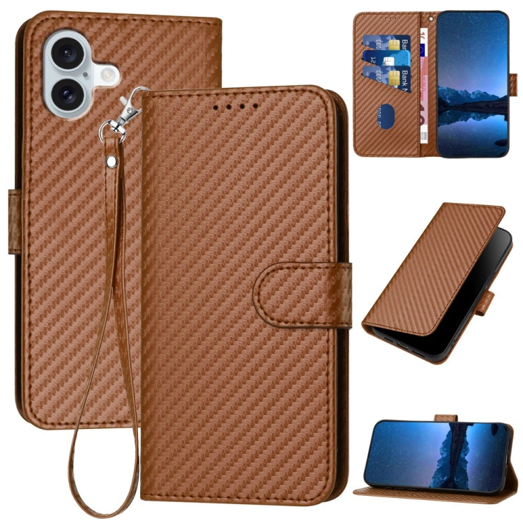 For iPhone 16 Plus YX0070 Carbon Fiber Buckle Leather Phone Case with Lanyard(Coffee) - iPhone 16 Plus Cases by buy2fix | Online Shopping UK | buy2fix