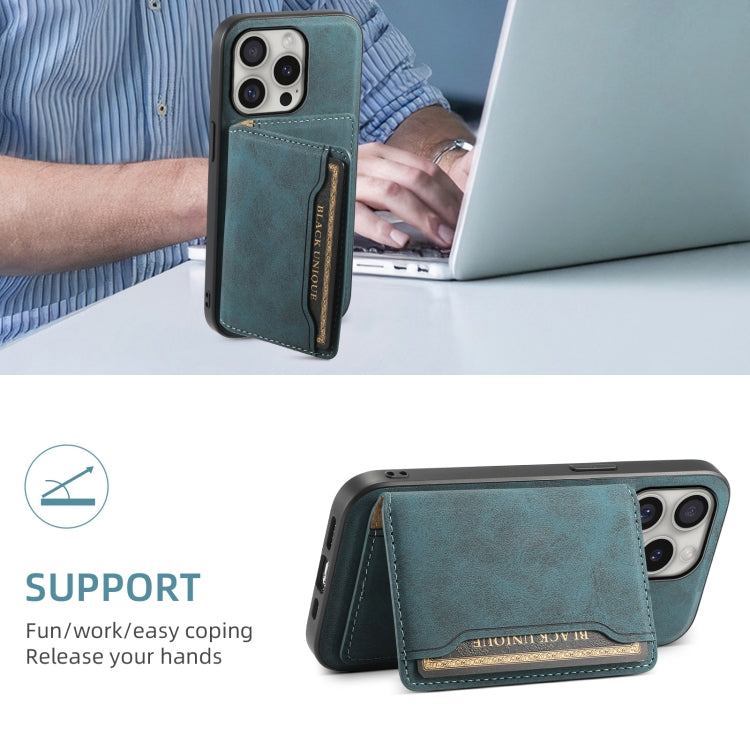 For iPhone 16 Pro Denior D13 Retro Texture Leather MagSafe Card Bag Phone Case(Blue) - iPhone 16 Pro Cases by Denior | Online Shopping UK | buy2fix