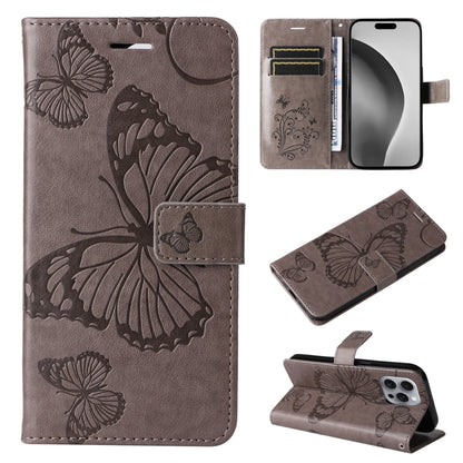 For iPhone 16 Pro Max 3D Butterfly Embossed Pattern Flip Leather Phone Case(Grey) - iPhone 16 Pro Cases by buy2fix | Online Shopping UK | buy2fix