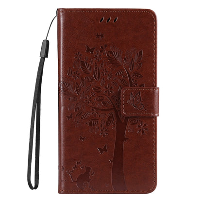 For iPhone SE 2024 Tree & Cat Embossed Pattern Flip Leather Phone Case(Coffee) - More iPhone Cases by buy2fix | Online Shopping UK | buy2fix