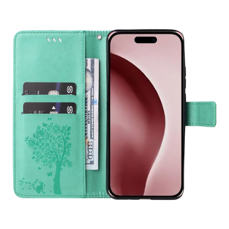 For iPhone 16 Pro Tree & Cat Embossed Pattern Flip Leather Phone Case(Green) - iPhone 16 Pro Cases by buy2fix | Online Shopping UK | buy2fix