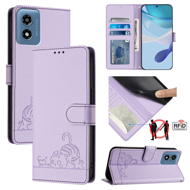 For Motorola Moto G 5G 2024 Global Cat Rat Embossed Pattern RFID Leather Phone Case with Lanyard(Purple) - Motorola Cases by buy2fix | Online Shopping UK | buy2fix