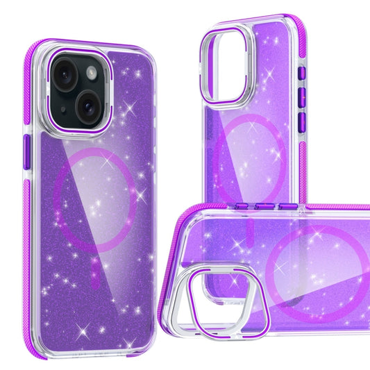 For iPhone 15 Two-color Glitter Powder Lens Holder Magsafe Phone Case(Purple) - iPhone 15 Cases by buy2fix | Online Shopping UK | buy2fix