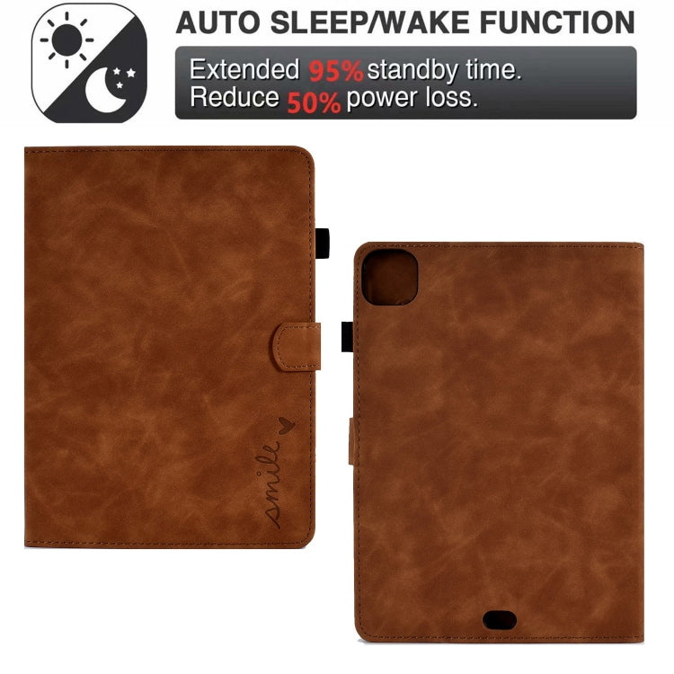 For iPad Pro 11 2024 Embossed Smile Smart Leather Tablet Case(Brown) - iPad Pro 11 2024 Cases by buy2fix | Online Shopping UK | buy2fix