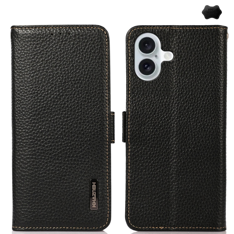 For iPhone 16 KHAZNEH Side-Magnetic Litchi Genuine Leather RFID Case(Black) - iPhone 16 Cases by buy2fix | Online Shopping UK | buy2fix