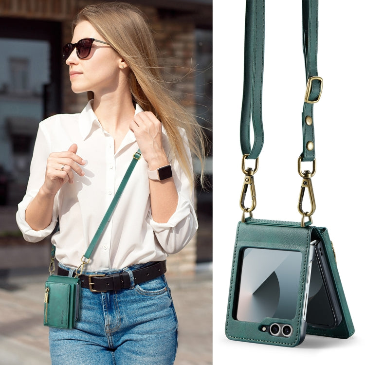 For Samsung Galaxy Z Flip6 DG.MING M5 Series Zip RFID Multi Card Detachable Leather Phone Case with Long Lanyard(Green) - Galaxy Z Flip6 5G Cases by DG.MING | Online Shopping UK | buy2fix