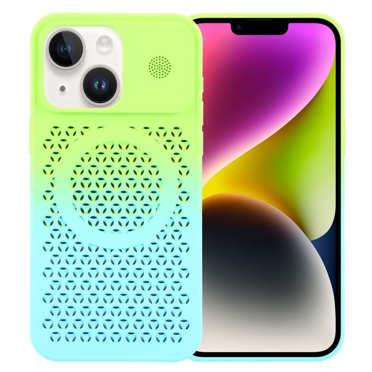 For iPhone 14 Gradient Color Honeycomb Aromatherapy MagSafe Phone Case(Green Blue) - iPhone 14 Cases by buy2fix | Online Shopping UK | buy2fix