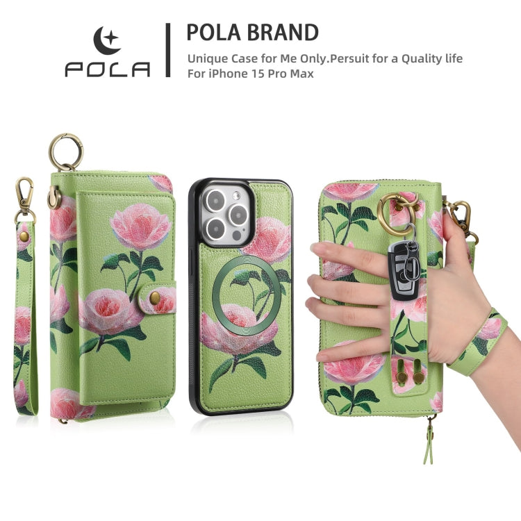 For iPhone 15 Pro POLA MagSafe Flower Multi-functional Zipper Wallet Leather Phone Case(Green) - iPhone 15 Pro Cases by buy2fix | Online Shopping UK | buy2fix