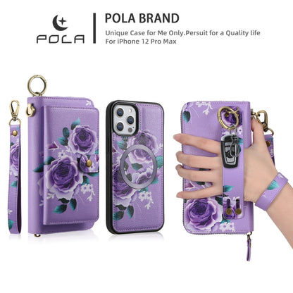 For iPhone 12 Pro Max POLA MagSafe Flower Multi-functional Zipper Wallet Leather Phone Case(Purple) - iPhone 12 Pro Max Cases by buy2fix | Online Shopping UK | buy2fix