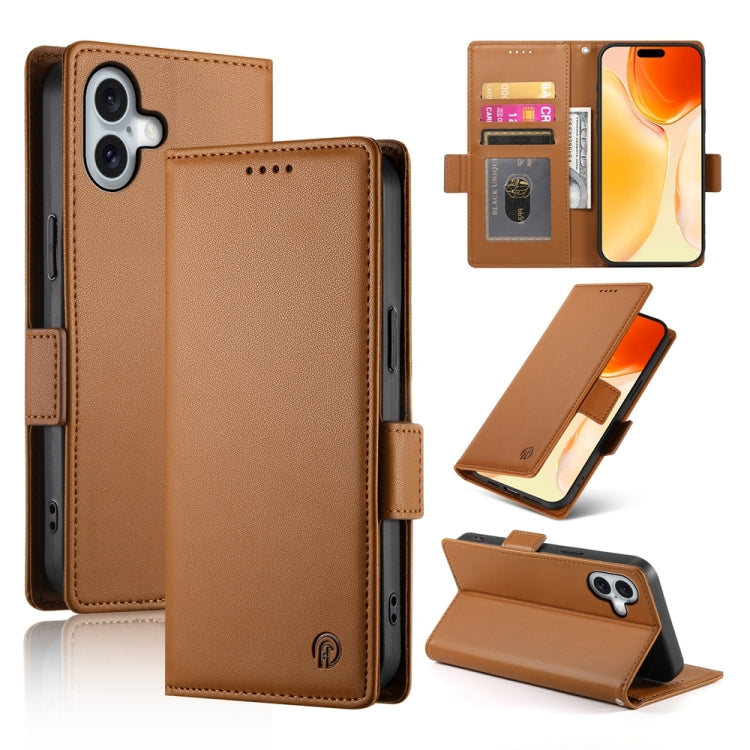 For iPhone 16 Plus Side Buckle Magnetic Frosted Leather Phone Case(Brown) - iPhone 16 Plus Cases by buy2fix | Online Shopping UK | buy2fix