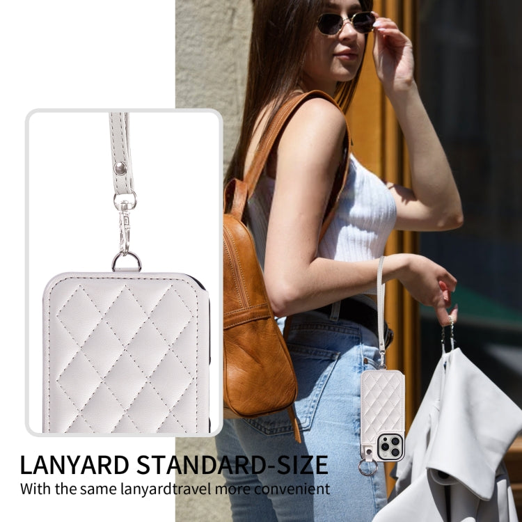 For iPhone 16 Pro Rhombic Texture Card Bag Phone Case with Short Lanyard(White) - iPhone 16 Pro Cases by buy2fix | Online Shopping UK | buy2fix