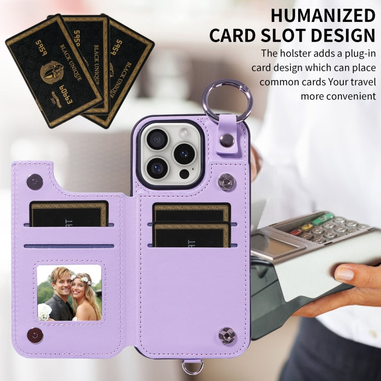 For iPhone 16 Pro Rhombic Texture Card Bag Phone Case with Short Lanyard(Purple) - iPhone 16 Pro Cases by buy2fix | Online Shopping UK | buy2fix