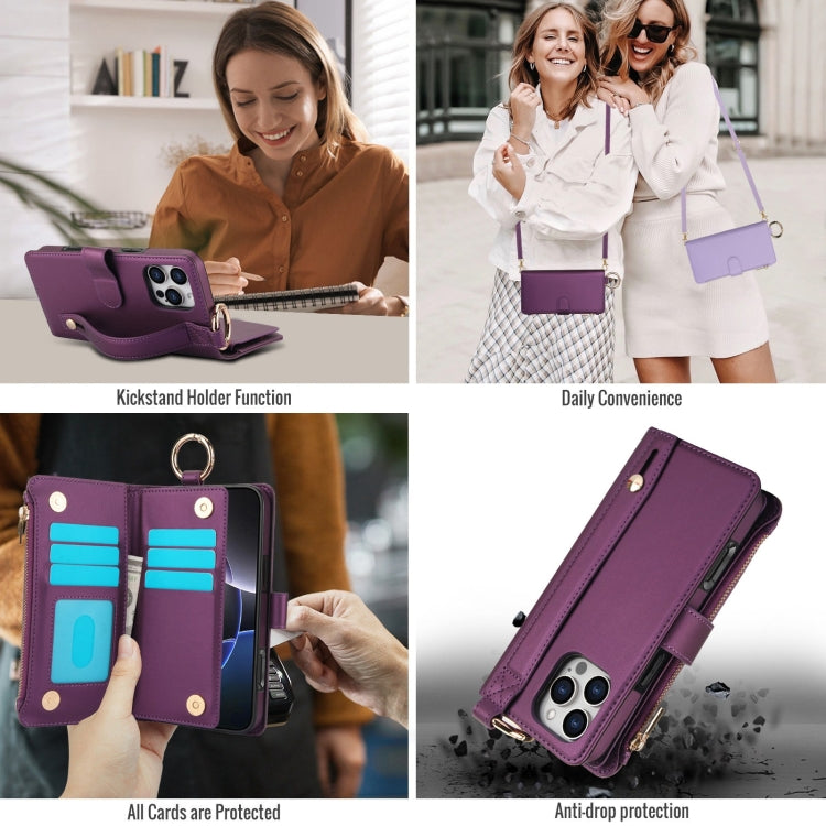 For iPhone 16 Pro Crossbody Ring Multifunctional Wallet Leather Phone Case(Dark Purple) - More iPhone Cases by buy2fix | Online Shopping UK | buy2fix