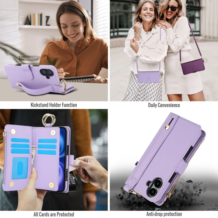 For iPhone 16 Plus Crossbody Ring Multifunctional Wallet Leather Phone Case(Purple) - iPhone 16 Plus Cases by buy2fix | Online Shopping UK | buy2fix