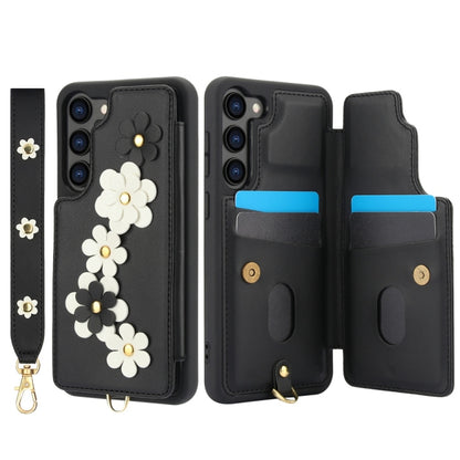 For Samsung Galaxy S25+ 5G Crossbody Flower Pattern Leather Phone Case(Black) - Galaxy S23+ 5G Cases by buy2fix | Online Shopping UK | buy2fix