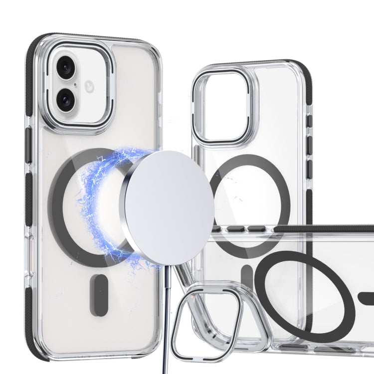 For iPhone 16 Plus Dual-Color Clear Acrylic Hybrid TPU Lens Flip Holder MagSafe Phone Case(Black) - iPhone 16 Plus Cases by buy2fix | Online Shopping UK | buy2fix