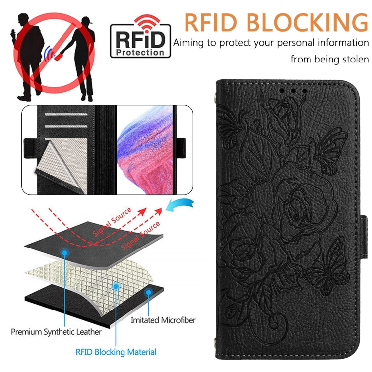 For Motorola Moto G Play 5G / G 5G 2024 Embossed Rose RFID Anti-theft Leather Phone Case(Black) - Motorola Cases by buy2fix | Online Shopping UK | buy2fix