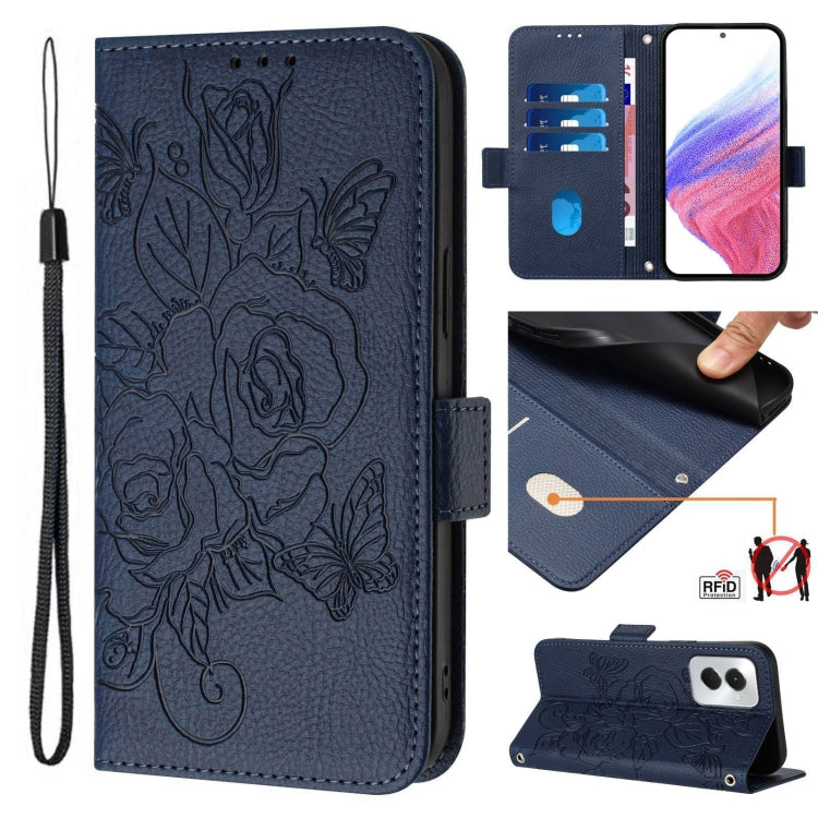 For Motorola Moto G Power 5G 2024 Embossed Rose RFID Anti-theft Leather Phone Case(Dark Blue) - Motorola Cases by buy2fix | Online Shopping UK | buy2fix