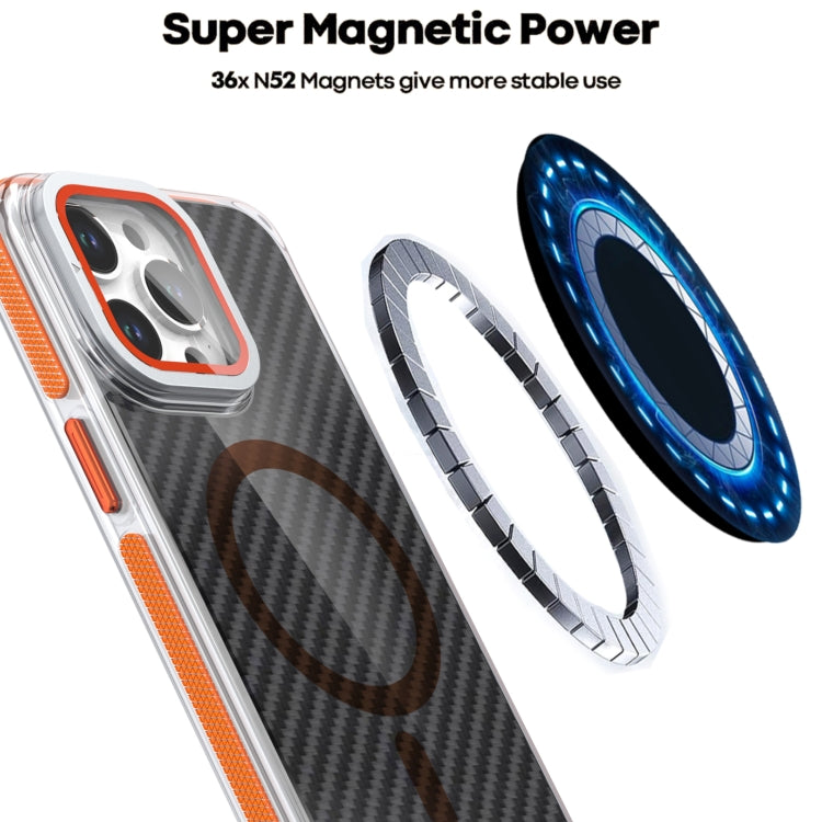 For iPhone 12 Pro / 12 Magsafe Dual-Color Carbon Fiber Lens Film Phone Case with Lens Fold Holder(Orange) - iPhone 12 / 12 Pro Cases by buy2fix | Online Shopping UK | buy2fix