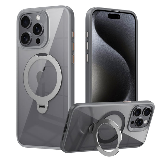 For iPhone 15 Pro Max Transparent MagSafe Magnetic Rotating Ring Holder Phone Case(Grey) - iPhone 15 Pro Max Cases by buy2fix | Online Shopping UK | buy2fix