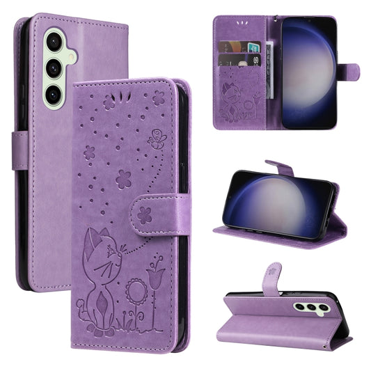 For Samsung Galaxy S25 / S24 5G Cat and Bee Embossed Flip Leather Phone Case(Purple) - Galaxy S25 5G Cases by buy2fix | Online Shopping UK | buy2fix